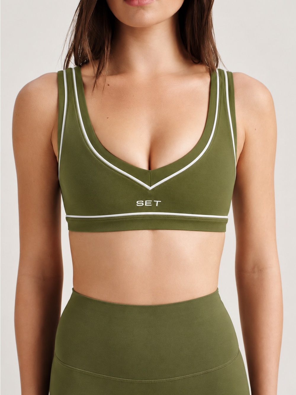 SET Active Breathe 1.0 Hamptons Bra Olive Green White Trim Size Small